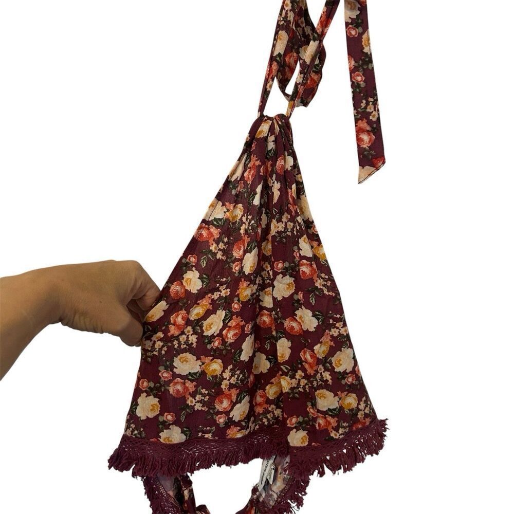 American Eagle Crop Halter Top Floral Fringe Red Boho Festival Size XS Coachella